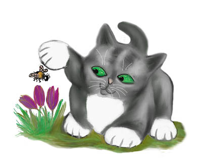 Nine Lives Studio Ellen Miffitt Digital Drawings Buzzing Bee Finds A Crocus And Kitten Is Tempted To Tap The Bee